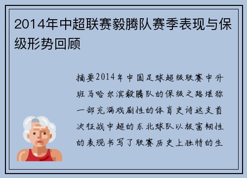 2014年中超联赛毅腾队赛季表现与保级形势回顾